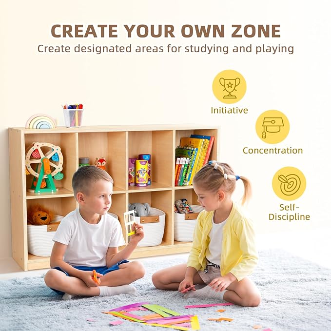 OOOK 8-Compartment Backpack Wooden Storage Cabinet - Kids Toy Storage Organizer - Bookshelf for Classroom, Playroom, Kindergarten, Living Room, Office