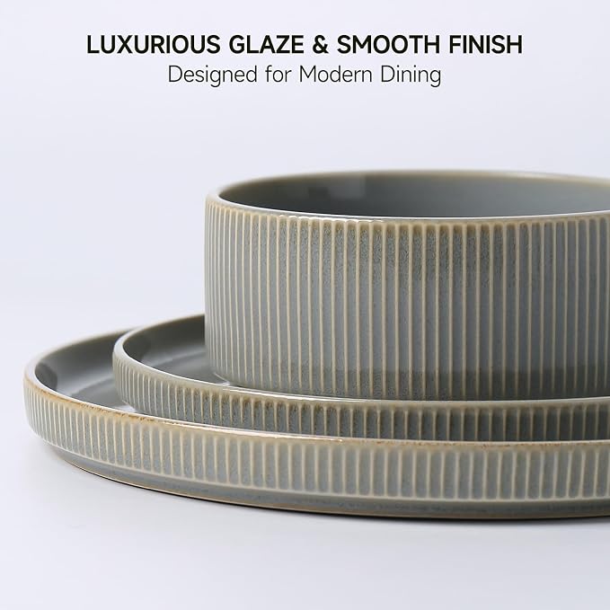 MONITO Ceramic Dinnerware Sets for 4, 12PCS Stoneware Plates and Bowls Sets, Reactive Glaze Dish Set, Chip and Scratch Resistant Double, Microwave and Dishwasher Safe, Sage Mist