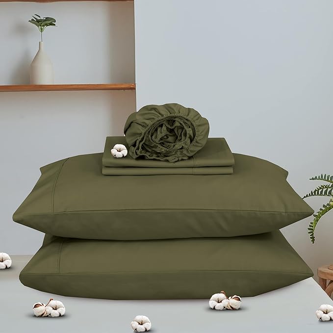 RUVANTI 100% Organic Cotton Sheets Twin XL, Percale Weave, GOTS Certified, 3-Piece Set, Deep Pocket 15", Crisp & Breathable, Soft Durable Bedding, Sábanas Algodón Orgánico – Olive