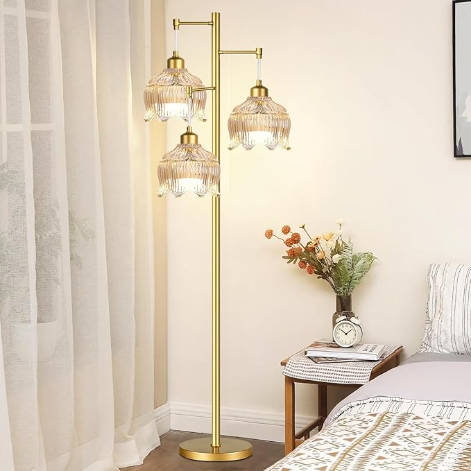 ILLMTW Gold Floor Lamp for Living Room,Bedroom,Mid Century Modern Standing Lamp Brass Tree 3 Light Tall Floor Lamps Vintage Retro Floor Lights Glass Amber Flower Lamp Shade Farmhouse Boho Bohemian
