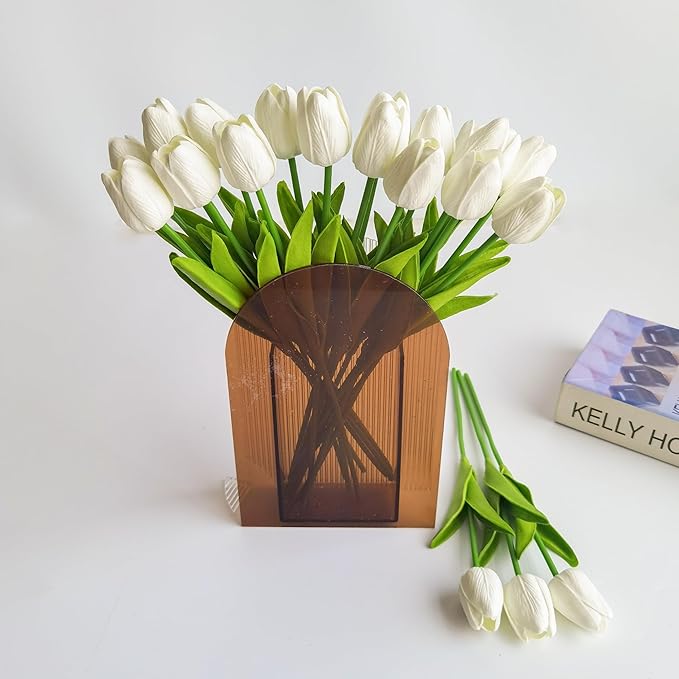 20PCS White Artificial Flower Tulips PU Real Touch Tulips for Home Wedding Decoration Brides Hand Holding Bouquet Artificial Flower Decoration (Type-White)