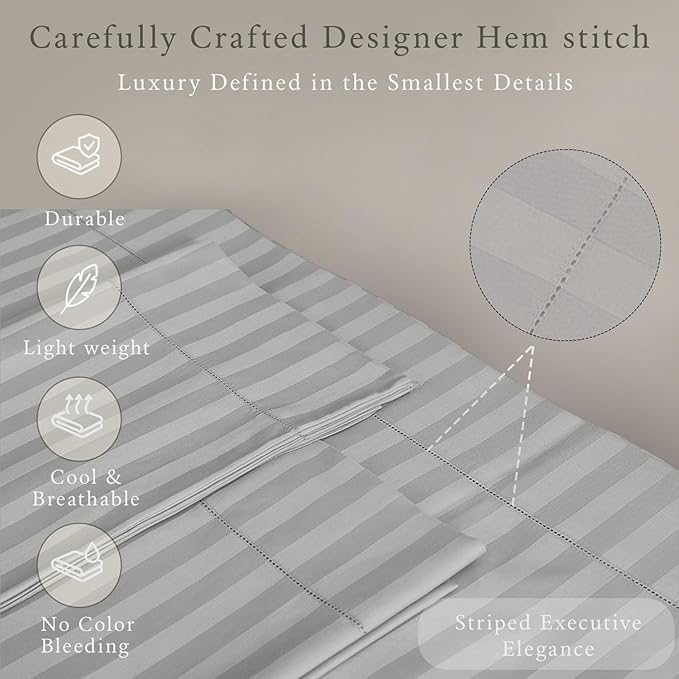 Threadmill 500 Thread Count Full-Size Damask Stripe, 4 Pc Luxury Cotton Sheet Set, Breathable Light Grey Sheets with 16" Elasticized Deep Pocket, 2 Pillowcases & Free Tote Bag