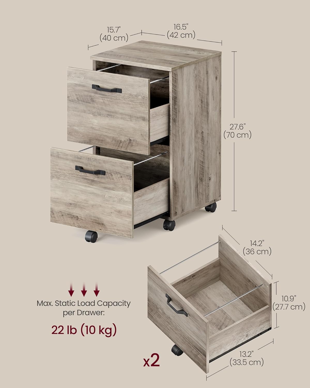 VASAGLE 2-Drawer File Cabinet - Compact Rolling Filing Cabinet for Home Office | A4 & Letter-Size, Heather Greige, 15.7 x 16.5 x 27.6 Inches