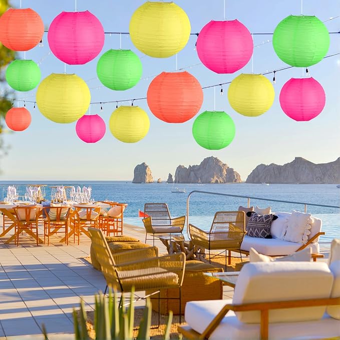 Glow in The Dark Party Supplies, Neon Party Decorations, Colorful Round Hanging Paper Lanterns Decorations for Neon Themed Birthday Wedding Baby Shower Home and Bar Decor, 15Pcs