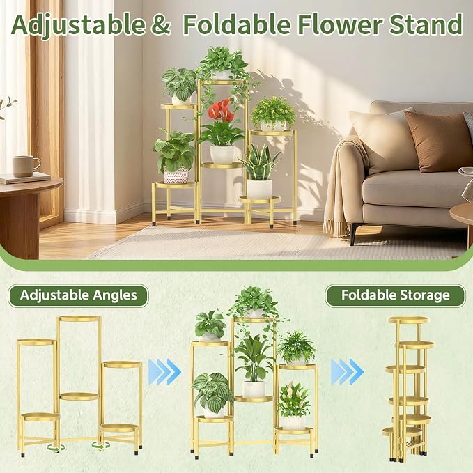 LASZOLA 6 Tier Large Plant Stand Indoor Tall with 10 Inch Metal Tray, Corner Folding Flower Display Rack, Modern Plant Holder Shelf for Outdoor Patio Porch Garden Office Living Room, Gold