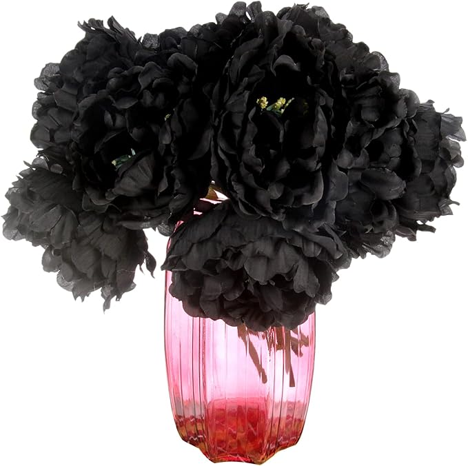 Tinsow Artificial Peony Flowers Black Silk Flowers Peony Bouqeut for Halloween Home Deorations Gothic Wedding (Black, 10)