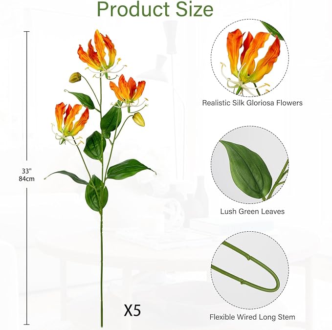 Briful 33'' Real Touch Artificial Flowers Sprays Set of 5 Fake Gloriosa Superba Flowers,Orange Faux Flame Lily Flowers Bouquets Floral Arrangement for Wedding Home Farmhouse Centerpieces Vase Decor