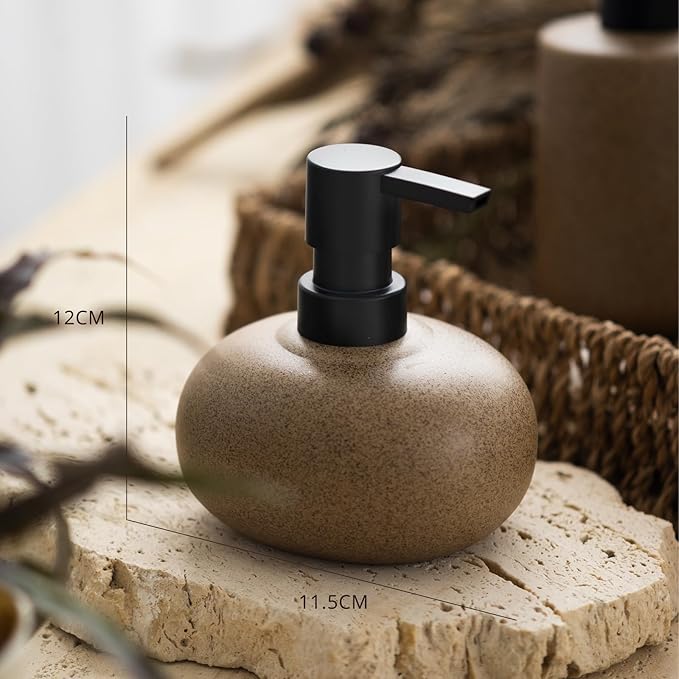 EMPO Ceramic Hand Soap Dispenser with Matte Black Pump, Stone-Textured Wabi-Sabi Liquid Dispenser for Bathroom Vanity and Kitchen Sink (300ml/10.14oz)