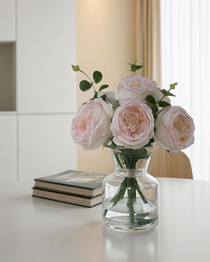 Lifelike Artificial Light Pink Rose Bouquet in Vase - 3D Petals & Stem Design - Table Centerpiece for Wedding, Restaurant, or Home Dining Room