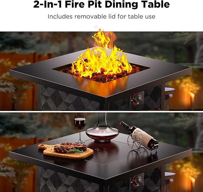 Ciays 28Inch Propane Fire Pit Table, 50,000 BTU Outdoor Gas Fire Pit Table CSA-Certified for Outside Patio with Removable Lid and Lava Rocks, Add Warmth and Ambience to Parties, Backyard, Garden