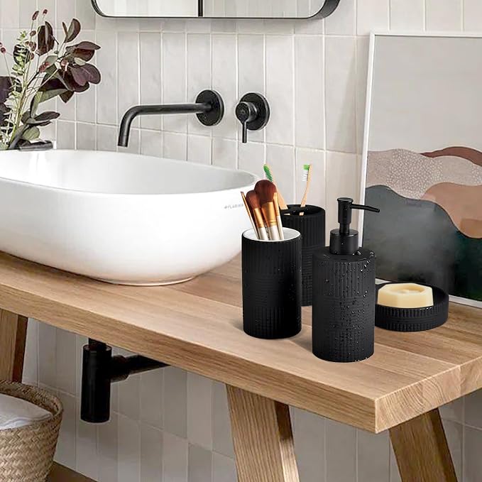 Matte Black Bathroom Accessories Set, 4PC Embossing Ceramic Bathroom Sets Complete-Toothbrush Holders, Soap Dispenser, Soap Dish, Toothbrush Cup, Black Bathroom Decor, Bathroom Countertop Organizer