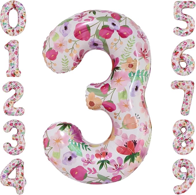 Flower Balloons 40 Inch Floral Number 3 Balloon for 3rd Birthday Garden Party Decorations Three Year Old Photo Props Foil Number 3