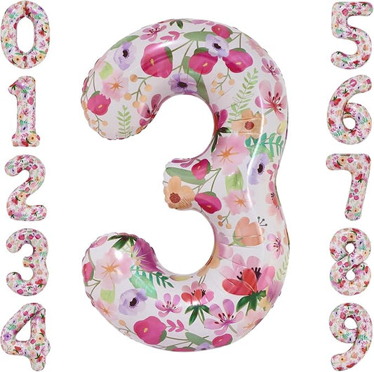 Flower Balloons 40 Inch Floral Number 3 Balloon for 3rd Birthday Garden Party Decorations Three Year Old Photo Props Foil Number 3