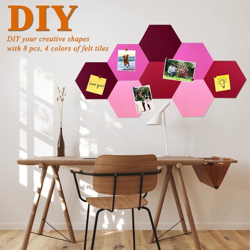 Skiennix 8Pcs Hexagon Felt Cork Board Tiles - Self-Adhesive DIY Bulletin Board for Home & Office Decor | Gradual Red