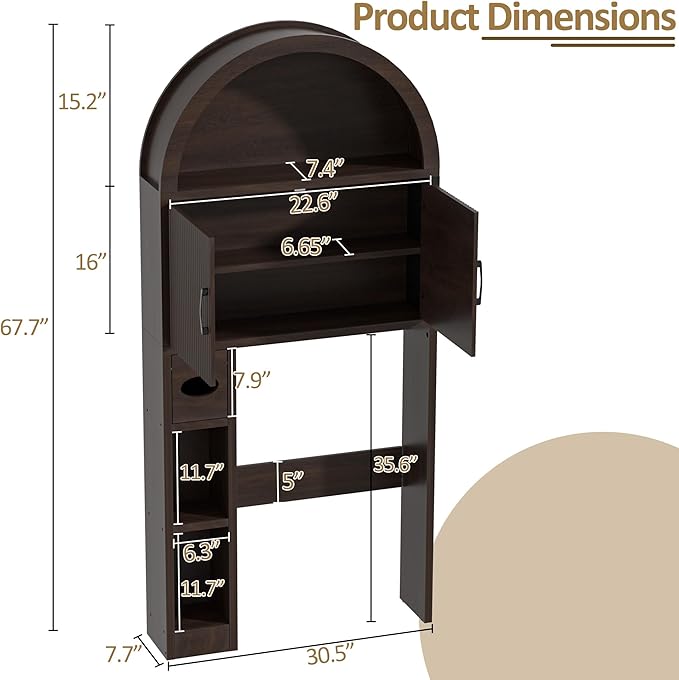 Spurgehom Over The Toilet Storage Cabinet, Bathroom Shelf Organizer Freestanding, Bathroom Arch Cabinet Over Toilet with Toilet Paper Holder and Anti-Tipping Device (Coffee)