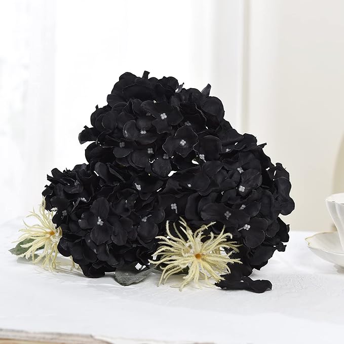 10PCS Silk Hydrangea Heads with Stems Artificial Flowers for Wedding Party Home Decor (Black)