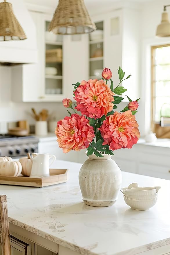 Orange Peonies Artificial Flowers 3Pcs Fall Flowers for Fall Decoration 27.5" Real Touch Silk Faux Peony Flower with Long Stems for Home Autumn Floral Arrangement Vase Table Centerpieces Bouquet Decor