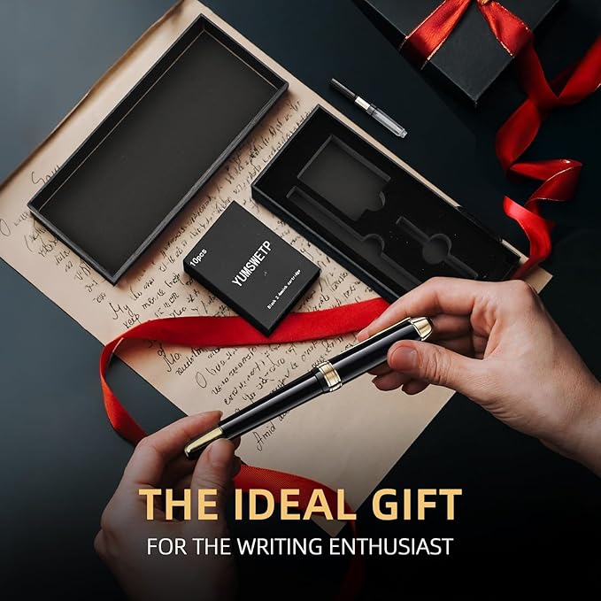 YUMSWETP Luxury Fountain Pen Gift Set For Writing Smooth, Fine Nib, Includes Refillable Ink Converter &10 Black 3.4mm Ink Cartridges Metal Pen,Journaling Fancy Pen