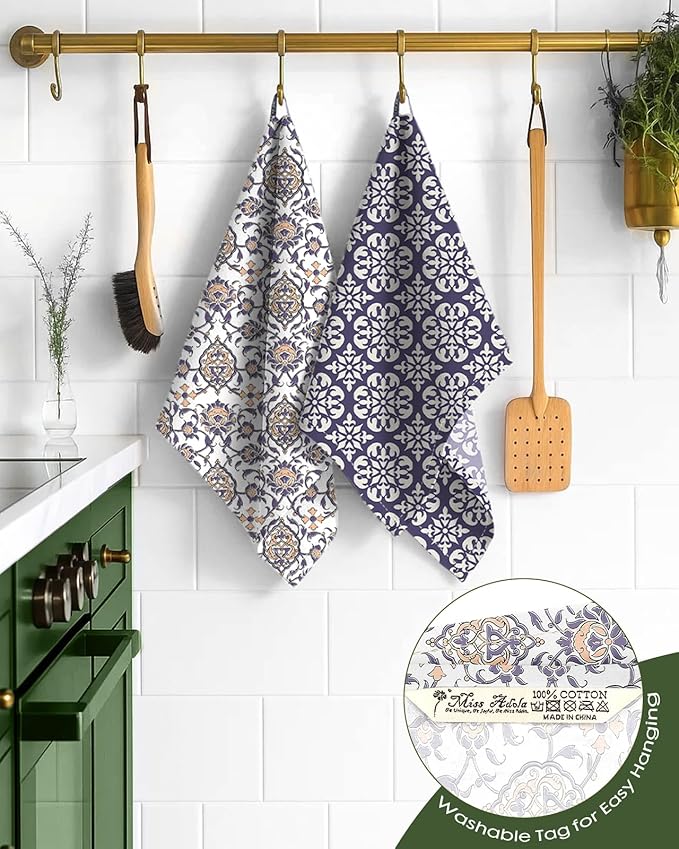 Miss Adola 2 Pack Flour Sack Kitchen Towels - 16x26 Inch Cotton Dish Towels with Hanging Loop Reusable Geometric Boho Modern Retro Tea Towel Absorbent Dishcloths Home Decor, Blue Boho Style