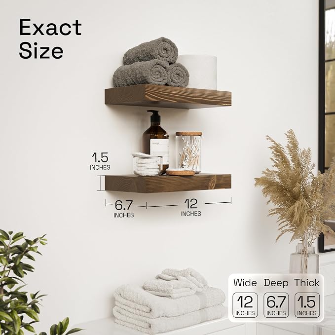 BAOBAB WORKSHOP Solid Wood Floating Shelves for Wall 12 Inch Wide, Small Wooden Shelf Kitchen, Bathroom Shelves for Room Wall Mounted Rustic Farmhouse, Walnut Floating Shelves, 12W × 6.7D, Set of 2