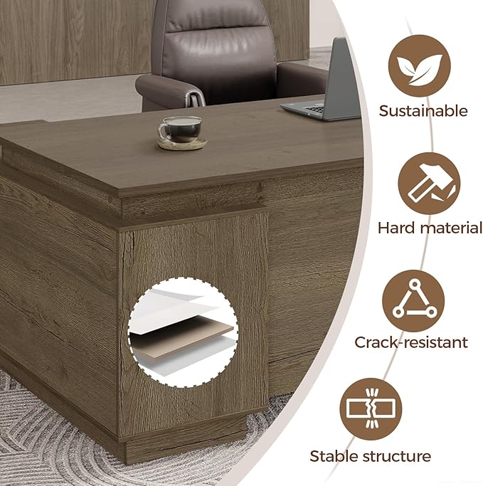 L-Shaped Executive Desk with Reversible Cabinets, Lockable Drawers & Cable Management – Large Wood Office Desk for Home or CEO Office(Walnut,63" L*32" W*30" H)