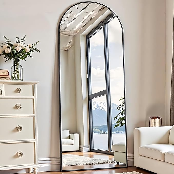 Dewfig Arched Full Length Mirror, 64"x20" Gold Mirror with Stand, Full Body Mirrors for Leaning Against or Wall Mounted, Large Floor Mirrors for Bedroom, Living Room, Black