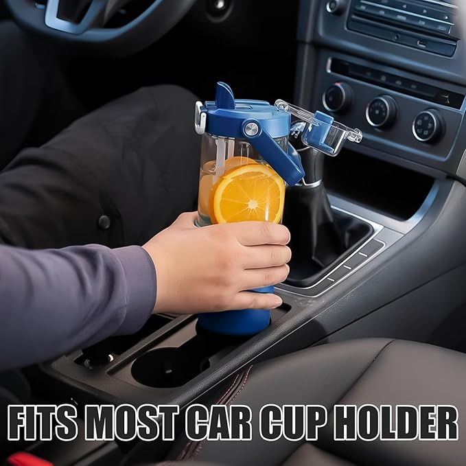 Glass Tumbler with Carry Handle, Clear Glass Water Bottle with Leakproof Lid, Spout Lid&Straw, BPA-Free, 32 oz, DBlue