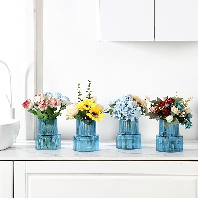 Ribbed Glass Vases, Set of 4 Small Vases for Flowers, Blue Glass Vase for Tulips, Modern Vase for Living Room, Kitchen, Office, Entryway, Bookshelf, Wedding Gifts, Birthday, 6 Inches