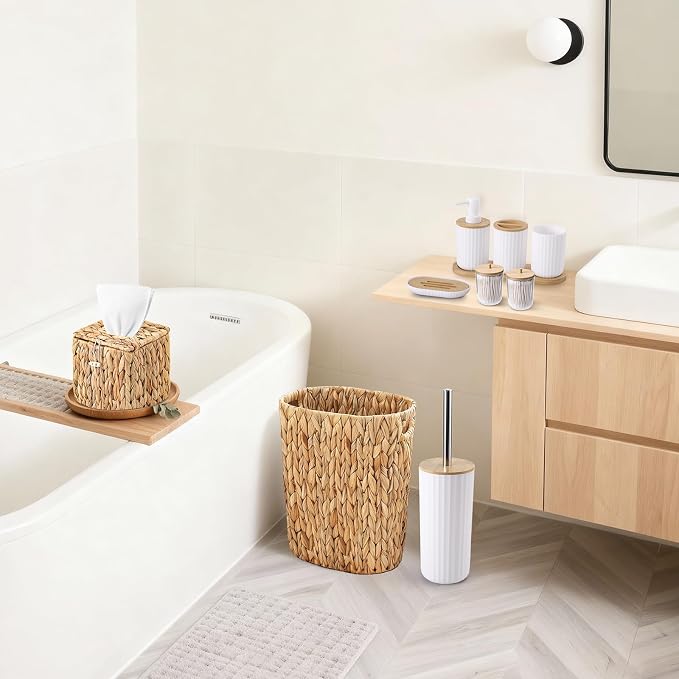 Bathroom Accessory Set, 10 Pieces Bath Set- Wicker Trash Can Tissue Box Soap Dish Toothbrush Holder Rinse Cup Lotion Bottle Toilet Brush Qtip Holder - Practical Bathroom Decor Sets (White, Bath Set)