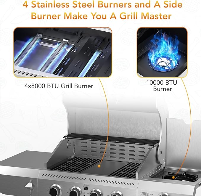 Electactic G41 Pro Gas Grill,Heavy-Duty Stainless Steel BBQ Grill,4 Burner Gas Grill with Side Burner,42000 BTU Propane Grill for Outdoor Cooking,Barbecue,Garden and Patio Backyard