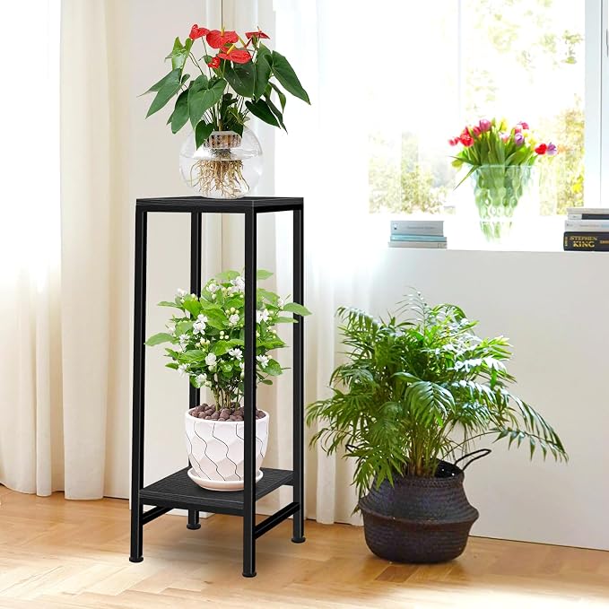 Plant Stand Indoor, Tall Plant stands for Indoor Outdoor Plants, 2 Tier Heavy Duty Plant Shelf 31" Metal Pedestal Stand Modern Corner Flower Stand for Patio, Living Room, Balcony(Black)