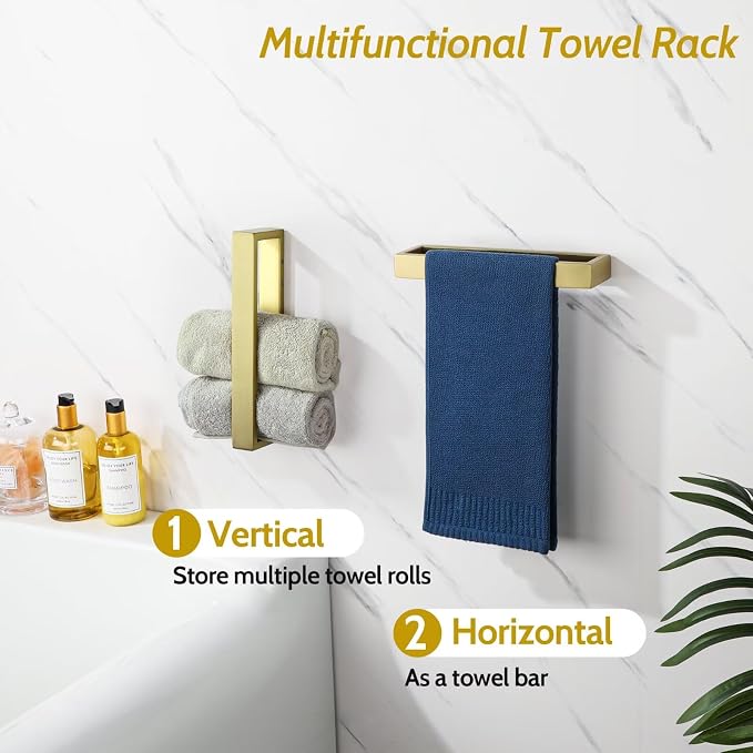 Sayayo Brushed Gold Towel Bar for Bathroom, 10 Inch Hand Towel Holder Wall Mount Square Towel Ring SUS304 Stainless Steel Towel Rack