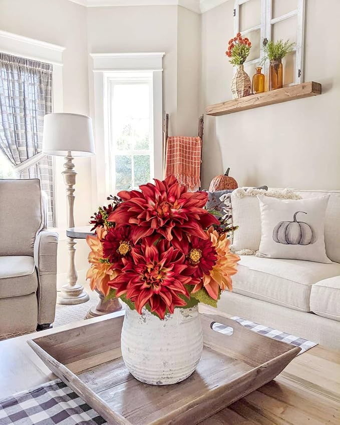 Briful Fall Flowers Artificial Bouquet for Decoration, Fake Silk Flowers Arrangements with Dahlia & Mums Mixed Autumn Floral Stems for Home Room Fall Table Centerpiece Wedding Party Decor(Burgundy)