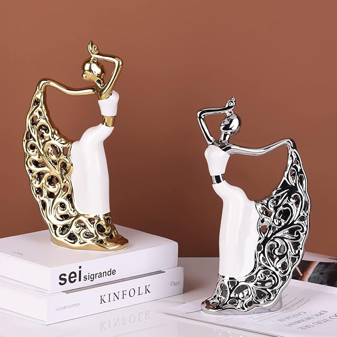 DOVDOV Peacock Statue and Sculpture, Female Dancer Sculpture, Modern Home Golden Ceramic Statue for Coffee Table, Entrance, Living Room, Bedroom Office Decoration Accessories (White Gold)