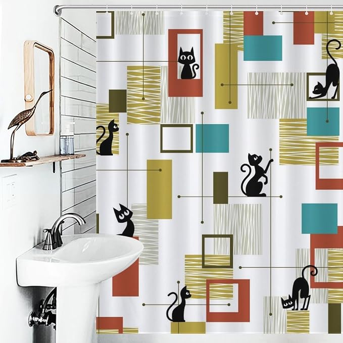 Mid Century Shower Curtain for Bathroom, Modern Black Cat Abstract Atomic Geometric Pattern Lovely Kittey Retro 1950s 1960s Waterproof Fabric Shower Curtain Set with Hooks,72"x72" Inch