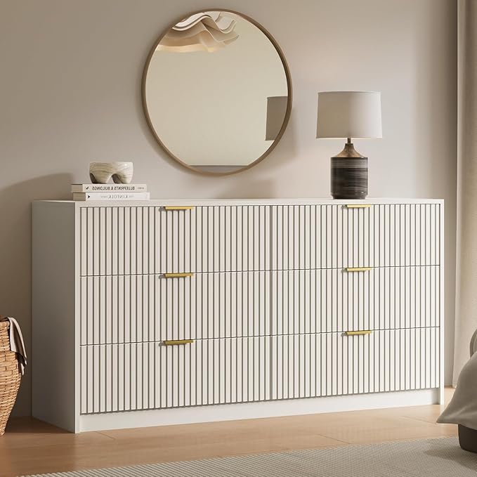 3-Piece Dresser Bedroom Set, 6 Drawer Dresser & 3 Drawer Nightstands with Gold Handles, Fluted Wood Chest of Drawers for Bedroom, Living Room, Entryway, Beige