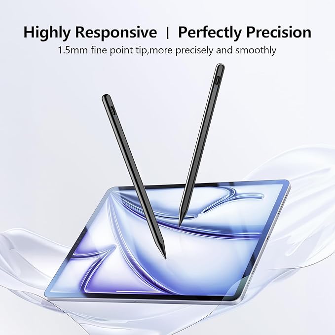 Stylus Pen 2X Fast Charge Active Pencil Compatible with 2018-2025 Apple iPad Pro 11"/12.9"/M4, iPad Air 3/4/5/M2/M3, iPad 6-11, iPad mini 5/6 Gen-Black