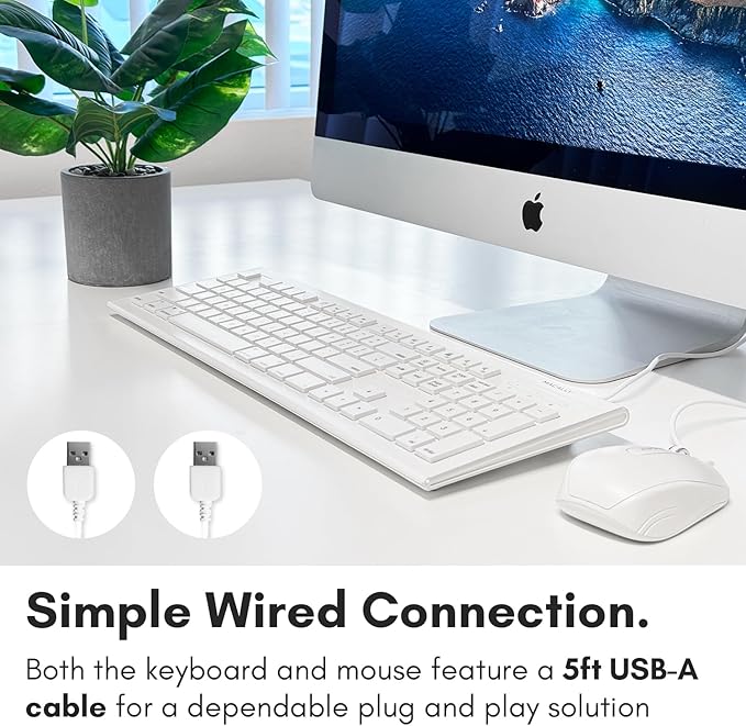 Macally 104 Key USB Wired Keyboard and Mouse Combo with Apple Shortcut Keys for Mac, iMac, Macbook, and Windows PC (MKEYECOMBO), White