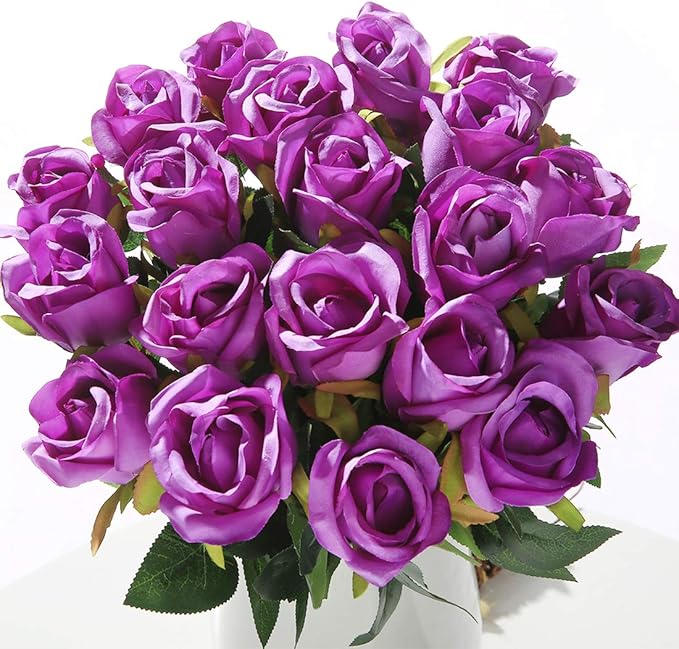 Veryhome Artificial Flowers Silk Roses Fake Bridal Wedding Bouquet for Home Garden Party Floral Decor 10 Pcs (Purple Straight stem)