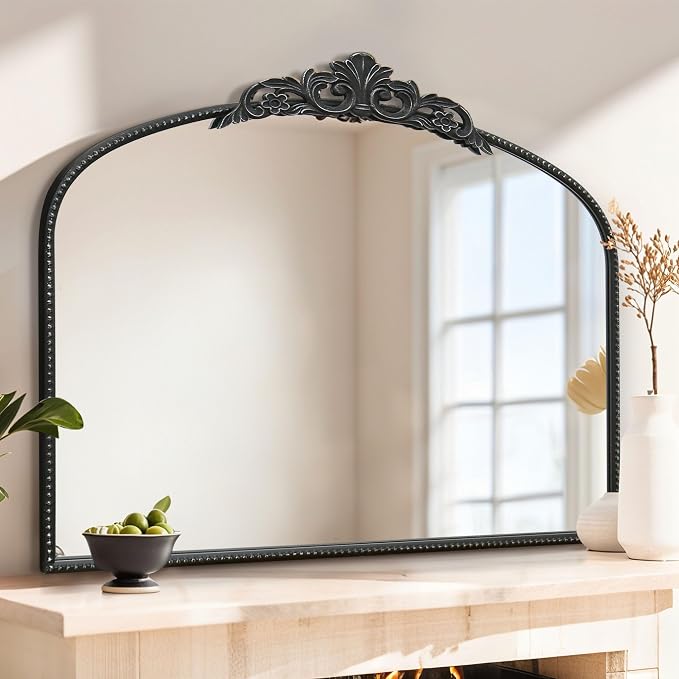 Micasso Vintage Black Arched Mirror: 36"x29" French Baroque Antique Wall Mounted Mirror - Traditional Ornate Decorative for Wall/Fireplace/Entryway/Bathroom/Hallway - Home Decor for Living Room