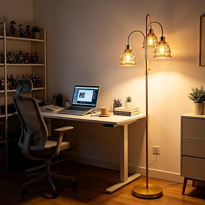 3-Light Glass Floor Lamp with Amber Ribbed Glass Shades, 70" Gold Dimmable Tall Standing Lamp with 3PCS 3000K Warm White Bulbs, Modern Tree Pole Lamp for Living Room Bedroom Home Office Corner Decor