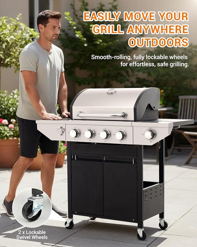 EUHOME 4-Burner Propane Gas BBQ Grill with Side Burner, 46,500 BTU Output Stainless Steel Barbecue Grill with Enameled Cast Iron Grates and Side Tables for Outdoor Cooking Kitchen and Patio Backyard