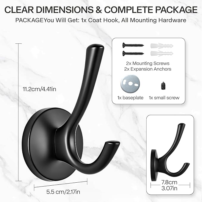 Towel Hooks-Coat Robe Hooks-Heavy Duty Metal Double Bathrobe Hook-Black Towel Hooks for Bathrooms-Kitchen Closet Garage（4Pcs Black）