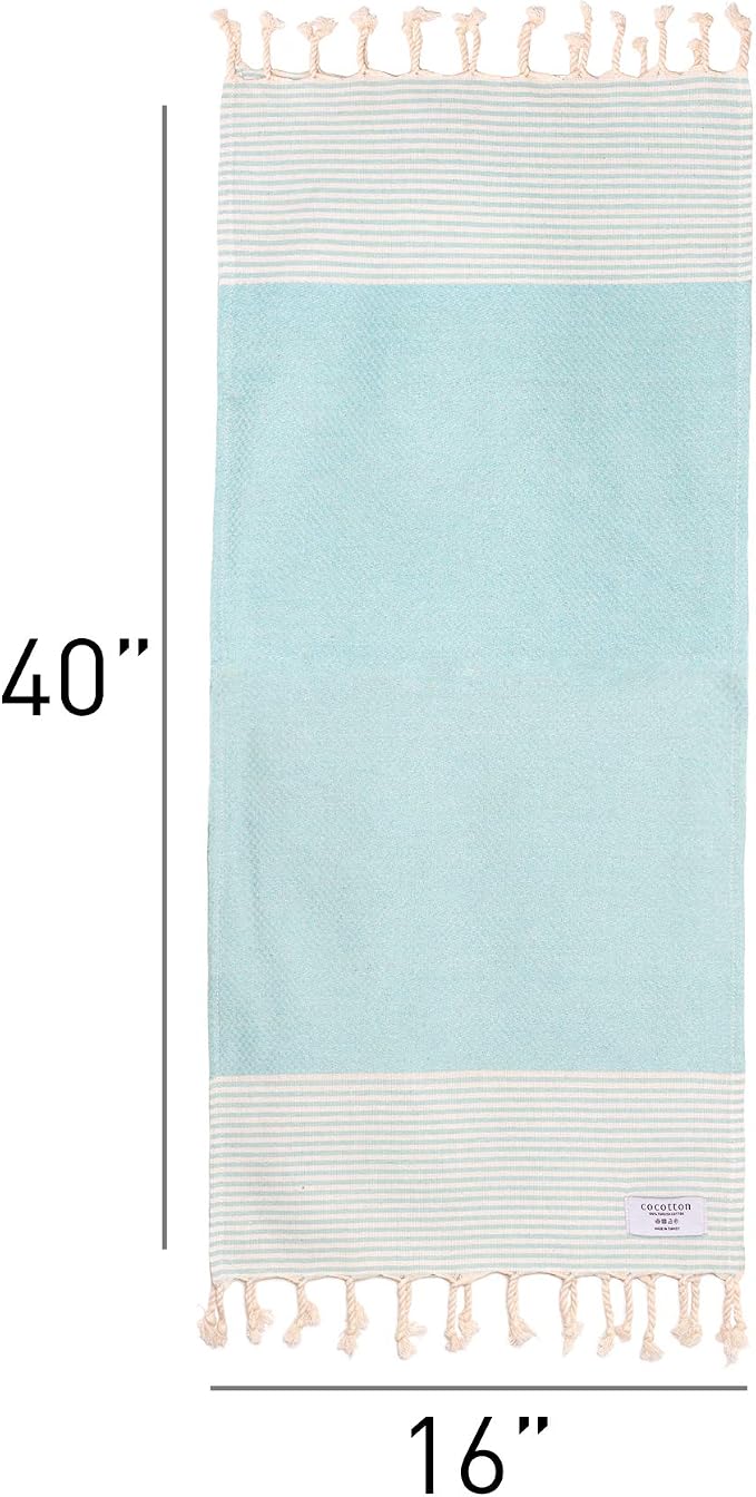 Boho Striped Turkish Hand Towels Set of 2 | 100% Cotton, 16 x 40 Inches | Decorative Bathroom Hair Face Gym Yoga Dishcloth Tea Kitchen Light Weight Quick Dry Farmhouse Towel (Mint)