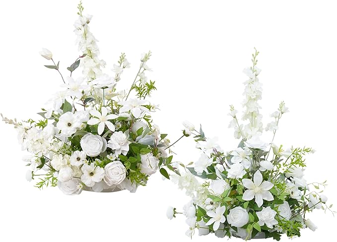2pcs 21inch White Free Standing Flowers Ball Bouquet Artificial Rose Arrangements Balls for Wedding Centerpieces Tables Chair Aisle Runner Flowers Decor
