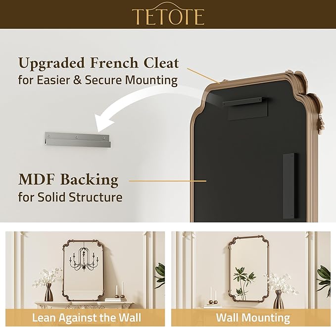 TETOTE Baroque Gold Antique Brass Scroll Wall Mirror 40 x 30 Vintage Rectangle Framed Baroque French Rectangular Mirror for Mantle Fireplace Bathroom Living Room, Horizontal/Vertical