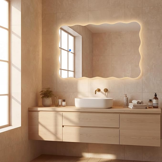 Wavy Led Bathroom Mirror- Vanity Mirror with Lights IP54 Enhanced Anti-Fog, 24"x36" Single Piece 3 Colors Dimmable, Memory,Tempered Glass,UL Listed