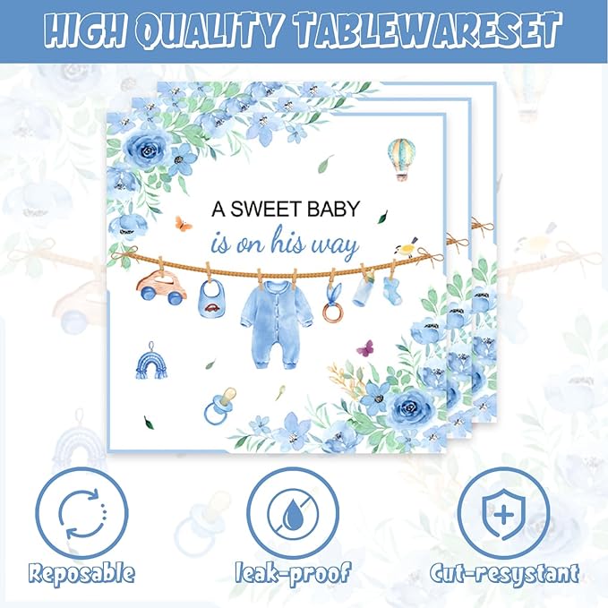 Blue Baby Shower Decorations Blue and White Paper Plates and Napkins Set Party Supplies for Gender Reveal Table Decor 40Pcs Baby Boy Shower Decorations