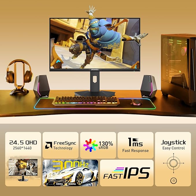SANSUI 24.5 Inch QHD Gaming Monitor 300Hz, 1ms Fast IPS Computer Monitor, 2× HDMI 2.1 + 2× DP 1.4 Ports, 130% sRGB Eye Care VESA Support (DP Cable Included ES-G25F6Q Pro)