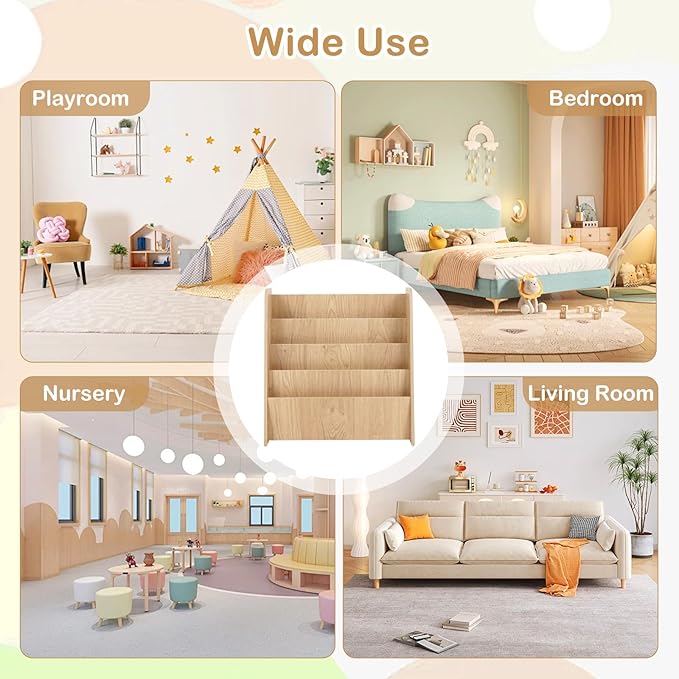 HONEY JOY Kids Bookshelf, 4-Tier Wooden Toddler Bookcase, Children Book Rack & Magazine Display Shelf, Toy Storage Organizer, Book Shelf for Kids Rooms, Playroom, Nursery, Classroom (Natural)